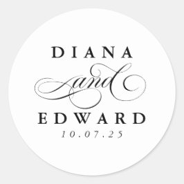 Romantic Script Bride en Groom's Names Wedding Ronde Sticker