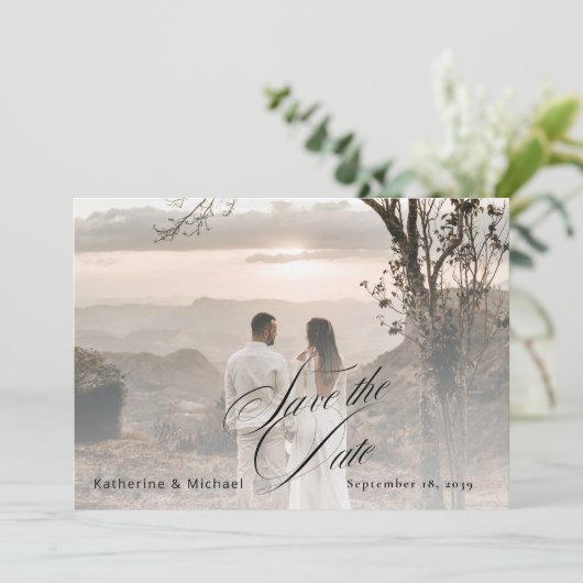 Romantic Script Calligraphy Add Photo Wedding Save Save The Date (Staand voorkant)