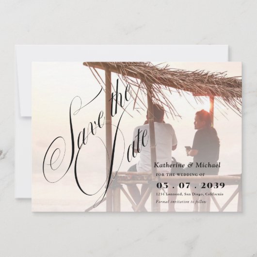 Romantic Script Calligraphy Add Photo Wedding Save The Date (Voorkant)