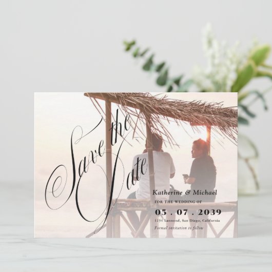 Romantic Script Calligraphy Add Photo Wedding Save The Date (Staand voorkant)