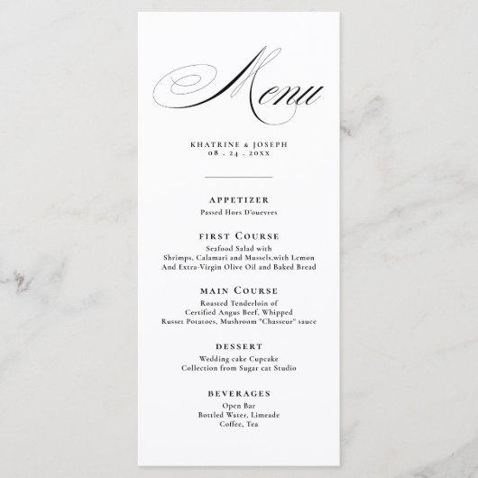 Romantic Script Calligraphy Details Menu Wedding (Voorkant)