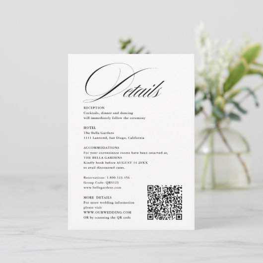 Romantic Script Calligraphy Details QRcode Wedding Informatiekaartje (Staand voorkant)