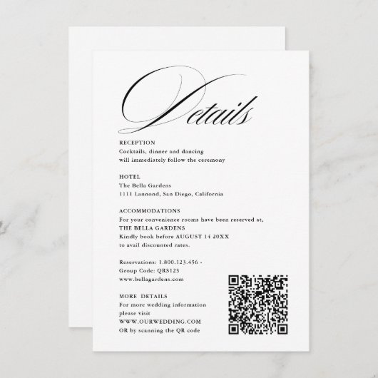 Romantic Script Calligraphy Details QRcode Wedding Informatiekaartje (Voorkant / Achterkant)