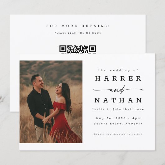 Romantic Script Photo QR Code Wedding Kaart (Voorkant / Achterkant)