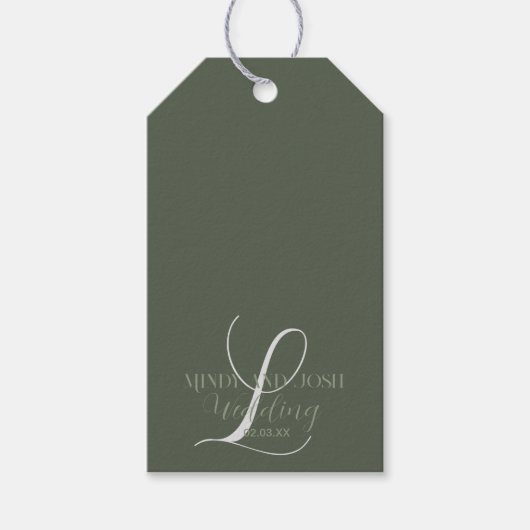 Romantic Script Sage Green Initiaal Wedding Cadeaulabel (Voorkant)