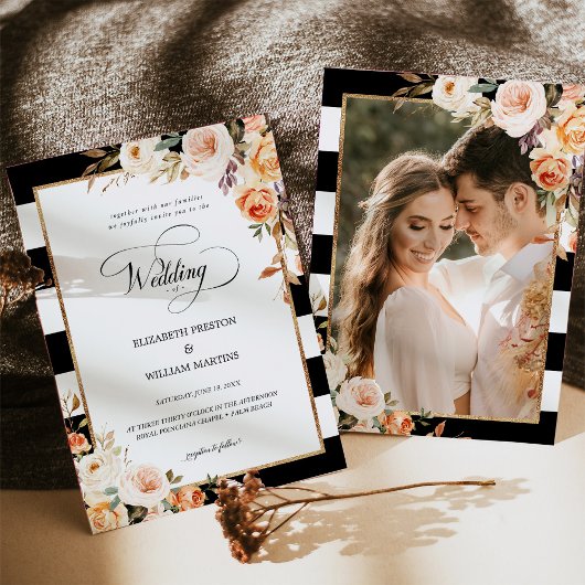 Romantic Script Terracotta Floral Photo Wedding Kaart