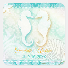 Romantic Seahorse Pair Beach Wedding Save the Date Vierkante Sticker