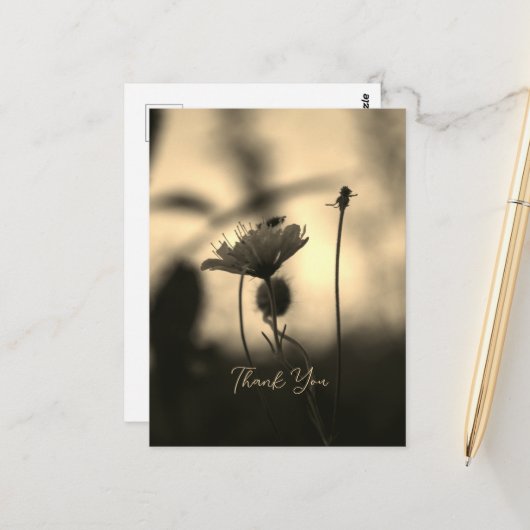 Romantic Sepia Flower – Botanical Fantasy Thanks Briefkaart (Voorkant / Achterkant in situ)