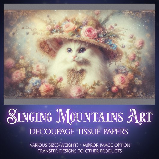 Romantic Shabby Chic Floral Cat Decoupage  Tissuepapier
