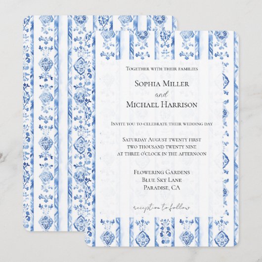 Romantic Sicily Italian Rustic Blue Stripe Wedding Kaart (Voorkant / Achterkant)
