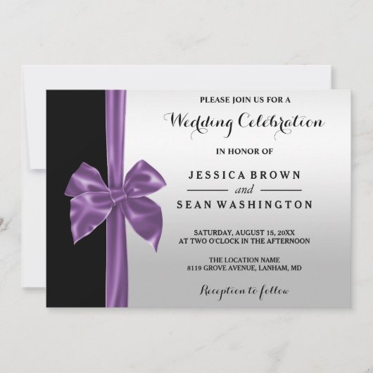 Romantic Silk Bow Silver & Black Wedding Kaart (Voorkant)