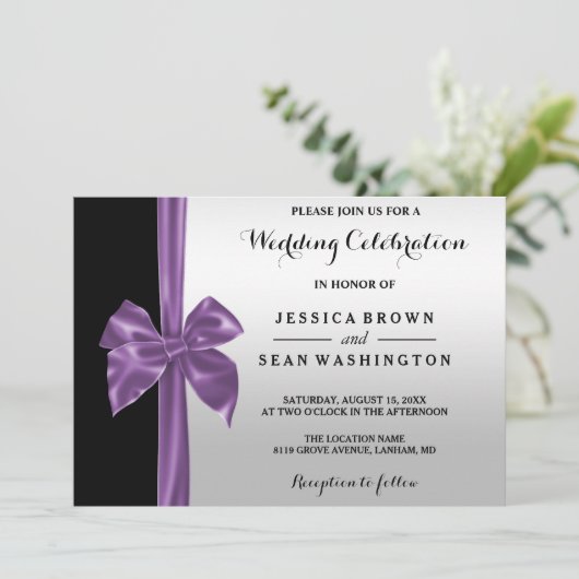 Romantic Silk Bow Silver & Black Wedding Kaart (Staand voorkant)