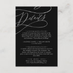 Romantic Silver Calligraphy Black Wedding Details Informatiekaartje<br><div class="desc">Deze romantische zilveren kalligrafie, zwarte trouwgegevens, is perfect voor een eenvoudige bruiloft. Het moderne klassieke ontwerp is voorzien van fancy draden en grillen met een prachtige elegante handgeschreven faux Silver folie-typografie op een zwarte achtergrond. Opmerking: dit ontwerp biedt geen echte zilveren folie. Het is een afbeelding van hoge kwaliteit die...</div>