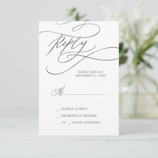 Romantic Silver Calligraphy Simple RSVP Card (Staand voorkant)