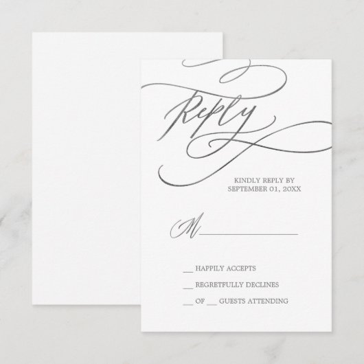 Romantic Silver Calligraphy Simple RSVP Card (Voorkant / Achterkant)