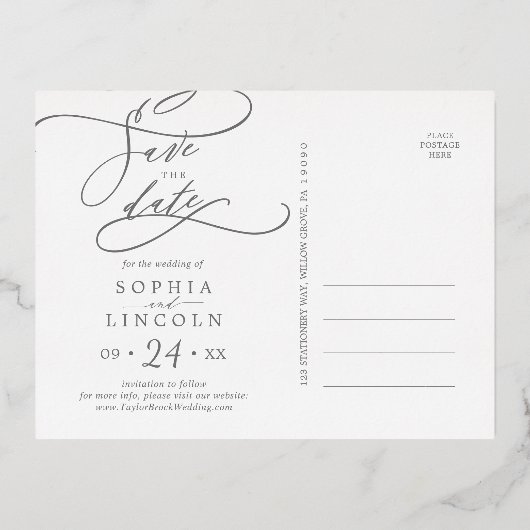 Romantic Silver Foil Calligrafie Save the Date Folie Uitnodiging Briefkaart (Achterkant)