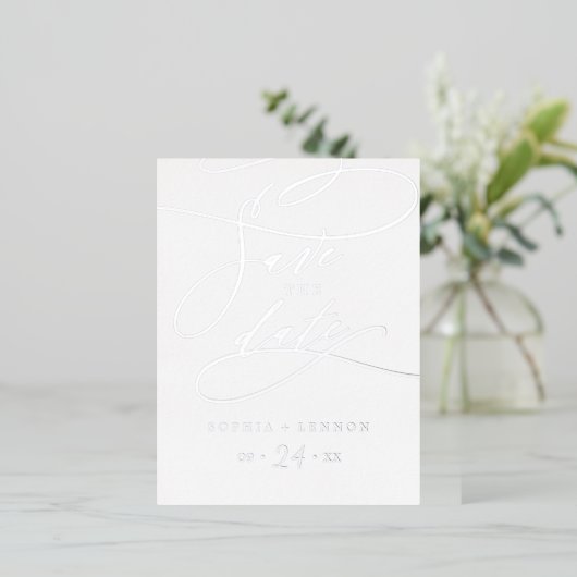 Romantic Silver Foil Calligrafie Save the Date Folie Uitnodiging Briefkaart (Staand Voorkant)
