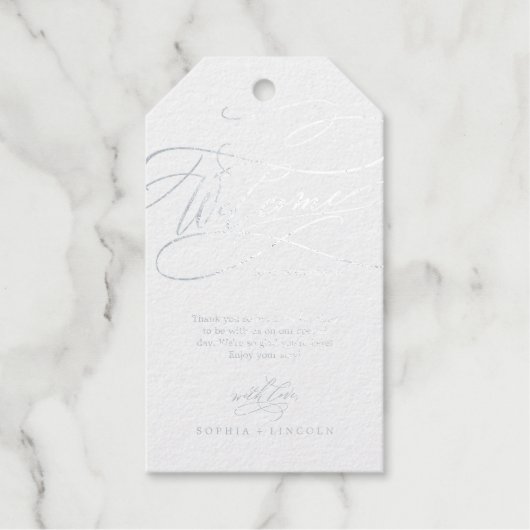Romantic Silver Foil Calligrafie Weddenschap Welko Cadeaulabels (Voorkant)
