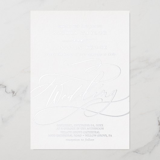 Romantic Silver Foil Calligraphy Flourish Wedding Folie Uitnodiging (Voorkant)