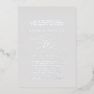 Romantic Silver Foil Grey Flourish Formal Wedding Folie Uitnodiging