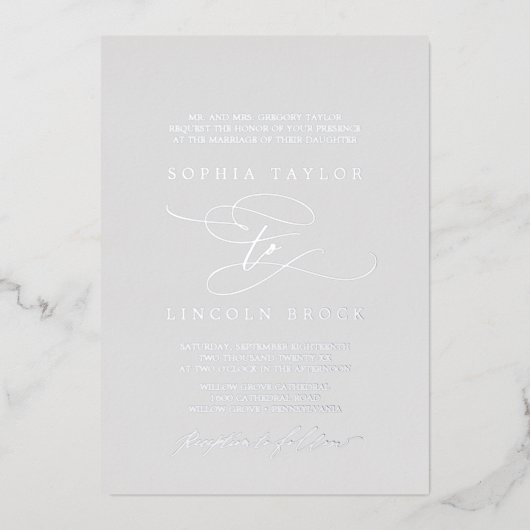 Romantic Silver Foil Grey Flourish Formal Wedding Folie Uitnodiging (Voorkant)