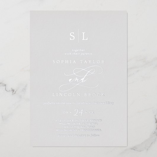 Romantic Silver Foil Grey Monogram Weddenschap Folie Uitnodiging (Voorkant)