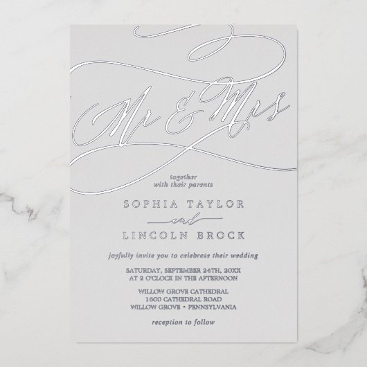 Romantic Silver Foil Grey Mr & Mrs Wedding Folie Uitnodiging (Voorkant)