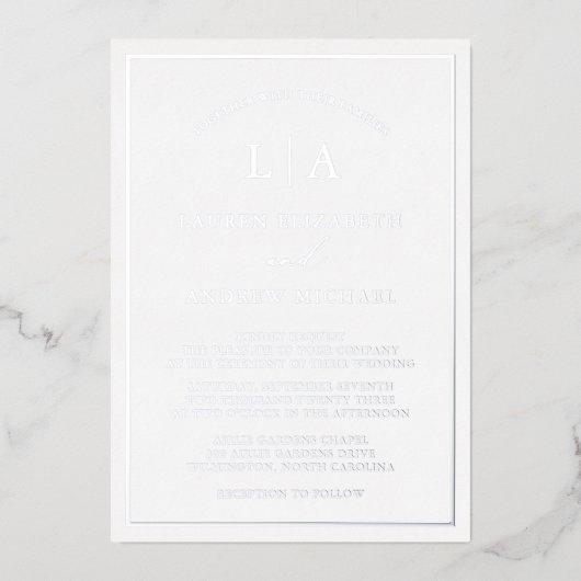 Romantic Silver Foil Monogram Border Weddenschap Folie Uitnodiging (Voorkant)