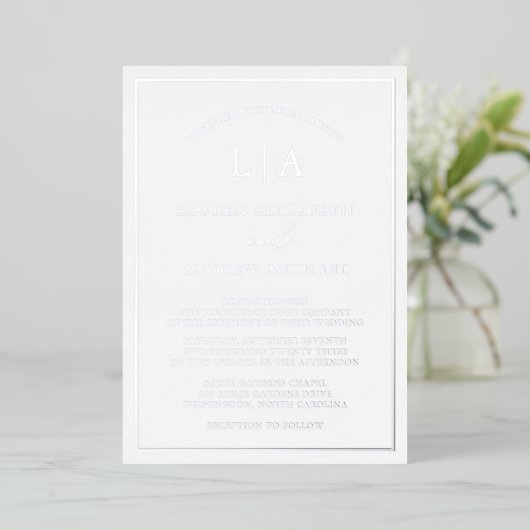 Romantic Silver Foil Monogram Border Weddenschap Folie Uitnodiging (Staand Voorkant)