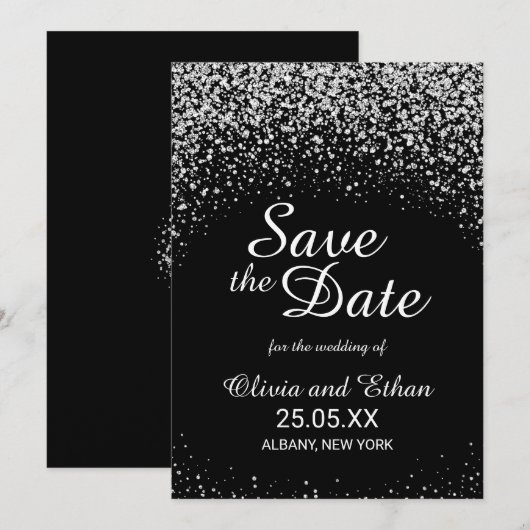 Romantic Silver Glitter Night Sky Save The Date (Voorkant / Achterkant)