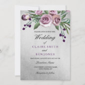 Romantic Silver Paars Roos Floral Wedding Invite Kaart (Voorkant)