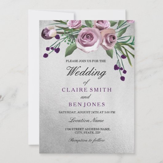 Romantic Silver Paars Roos Floral Wedding Invite Kaart (Voorkant)