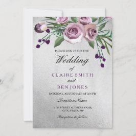 Romantic Silver Paars Roos Floral Wedding Invite Kaart