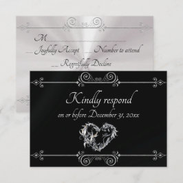Romantic Silver Scroll Heart on Black RSVP Kaartje