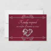 Romantic Silver Scroll Heart on Burgundy RSVP Kaartje (Voorkant)