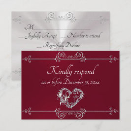 Romantic Silver Scroll Heart on Burgundy RSVP Kaartje