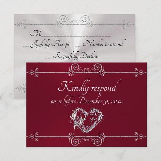 Romantic Silver Scroll Heart on Burgundy RSVP Kaartje (Voorkant / Achterkant)