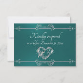 Romantic Silver Scroll Heart on Teal RSVP Kaartje (Voorkant)