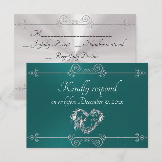 Romantic Silver Scroll Heart on Teal RSVP Kaartje (Voorkant / Achterkant)