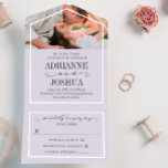 Romantic Silvery Gray Photo Wedding All In One Uitnodiging<br><div class="desc">Licht grijs alles in één trouwuitnodiging kunt u zich personaliseren met een foto van jullie twee bovenaan de uitnodiging. Informele formulering met elegante houtskoollettertypen en uw namen in grote letters.</div>