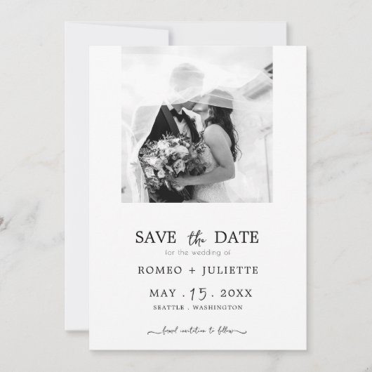 Romantic Simple Black&White-foto Opslaan datum Save The Date (Voorkant)