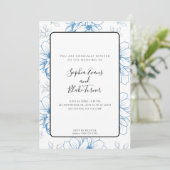 Romantic Simple Blue Line Drawn Flowers Wedding Kaart (Staand voorkant)