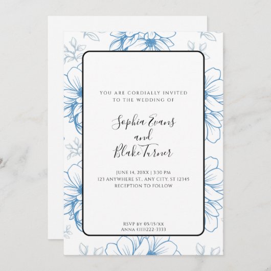 Romantic Simple Blue Line Drawn Flowers Wedding Kaart (Voorkant / Achterkant)