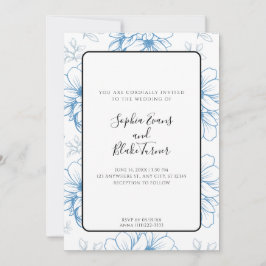Romantic Simple Blue Line Drawn Flowers Wedding Kaart