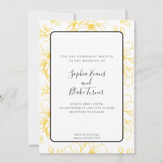 Romantic Simple Yellow Line Drawn Flowers Wedding Kaart (Voorkant)
