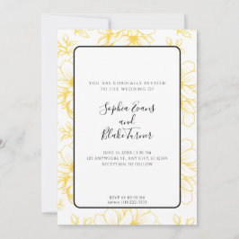 Romantic Simple Yellow Line Drawn Flowers Wedding Kaart