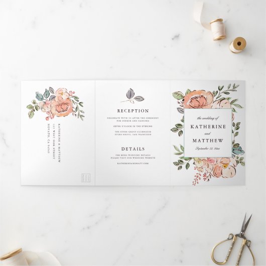 Romantic Sketchbook Florals All-in-One Wedding Drieluik Uitnodiging (Buitenkant)