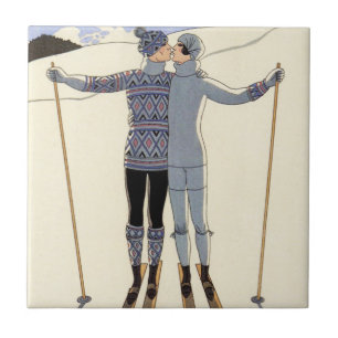 Romantic Skiing Couple Tile Tegeltje