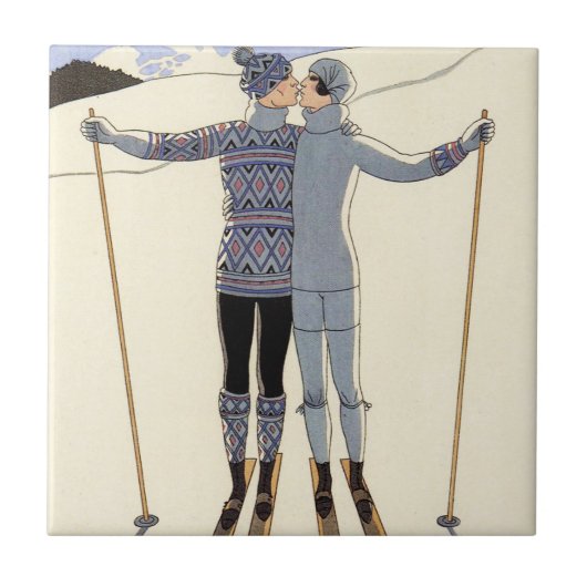 Romantic Skiing Couple Tile Tegeltje (Voorkant)