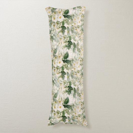 Romantic Smooth White Flowers en Green Leaves Lichaamskussen (Voorkant Verticaal)